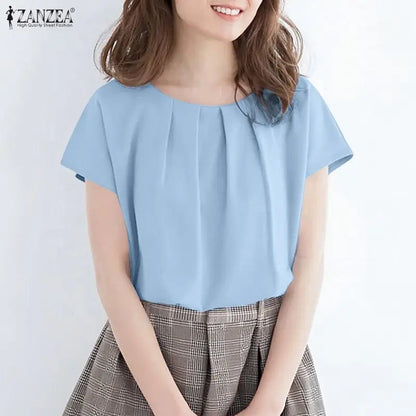 ZANZEA Women Summer Short Sleeve Blouses Casual Chic O-Neck Pleated Front Solid Color Tops Minimalist Loose Blusas de Mujer