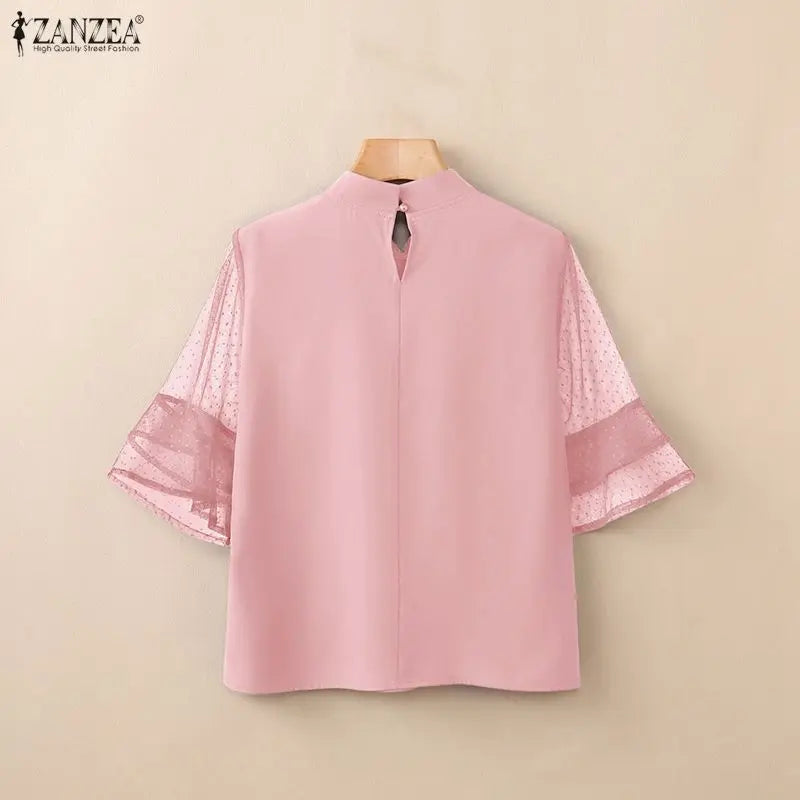 ZANZEA Woman Casual Blouses Pintuck Stand Collar Swiss Dots Patchwork 3/4 Sleeve Tops 2026 Summer Elegant Chic Blusas de Mujer