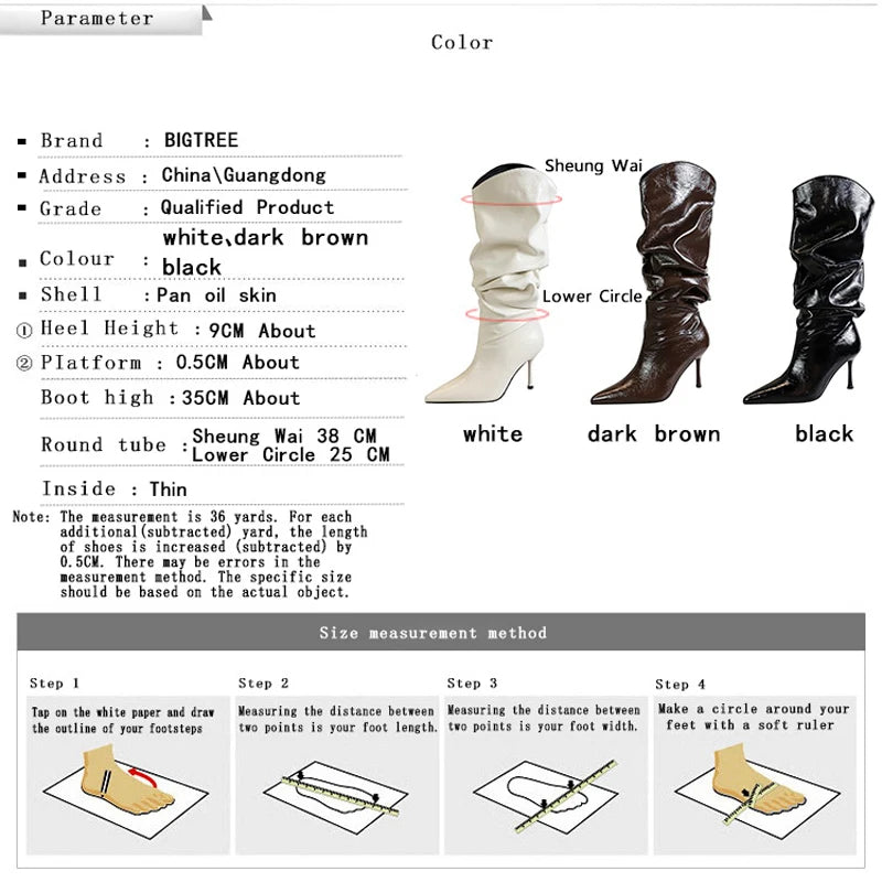 BIGTREE Shoes Sexy Stiletto Women Knee High Boots Pointed High-heeled Boots Fashion Long boots Pleated Leather Boots Female Shoe