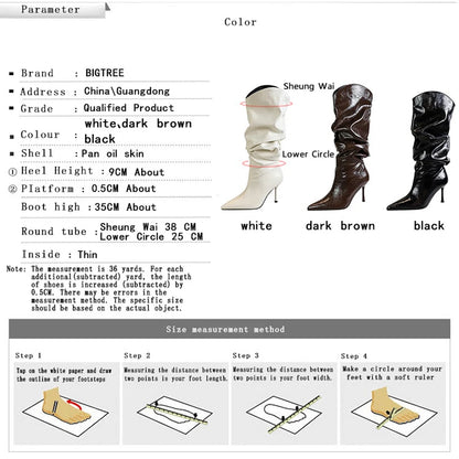 BIGTREE Shoes Sexy Stiletto Women Knee High Boots Pointed High-heeled Boots Fashion Long boots Pleated Leather Boots Female Shoe