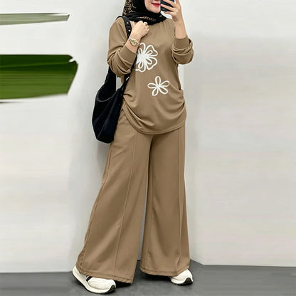 Women Muslim 2 Piece Sets Ramadan Outfits 2026 ZANZEA Casual O Neck Long Sleeve Flowers Tops Pant Sets Dubai Hijab Traccksuit
