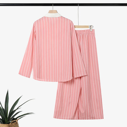 ZANZEA Women Muslim Sets 3/4 Sleeve Stripe Patchwork Turn Down Collar Blouse Elastic Waist Wide Leg Pants Office Wear 2 Pieces