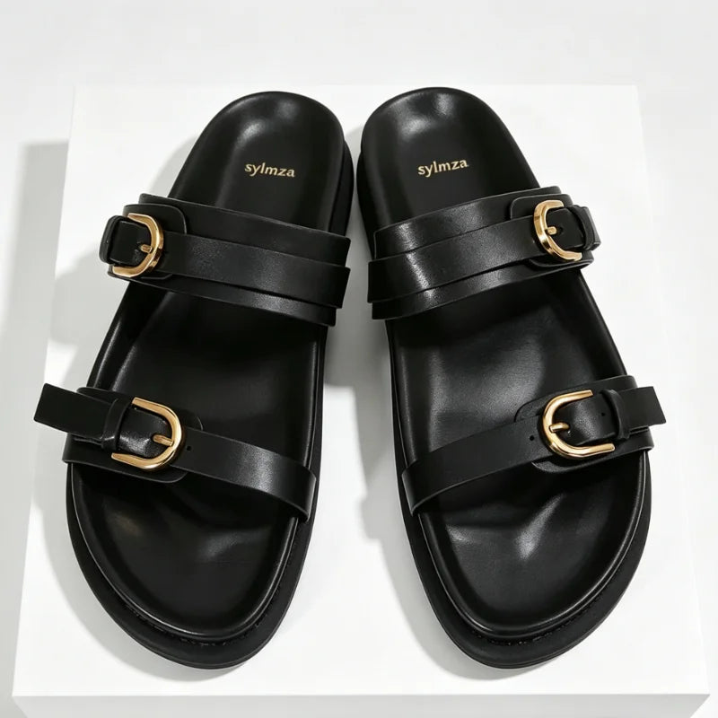 Retro Metal Belt Buckle Detail Flat Slippers for Ladies Comfort Platform Slide Sandals Summer Sexy Open Toe Beach Designer Shoes