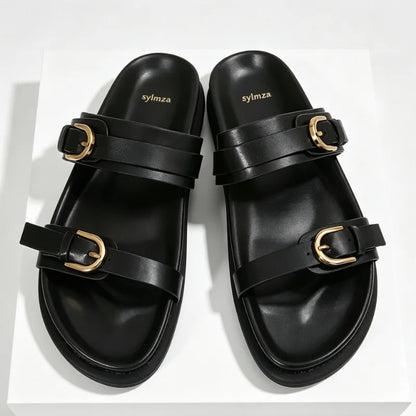Retro Metal Belt Buckle Detail Flat Slippers for Ladies Comfort Platform Slide Sandals Summer Sexy Open Toe Beach Designer Shoes