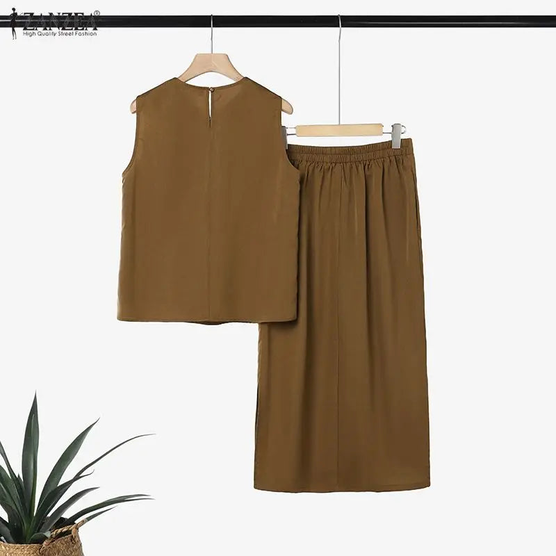 Summer Sleeveless Tank Tops A Line Midi Dress Sets ZANZEA 2PCS Women OL Work Outfits Casual Solid Color 2 Pieces Sets Skirt Suit