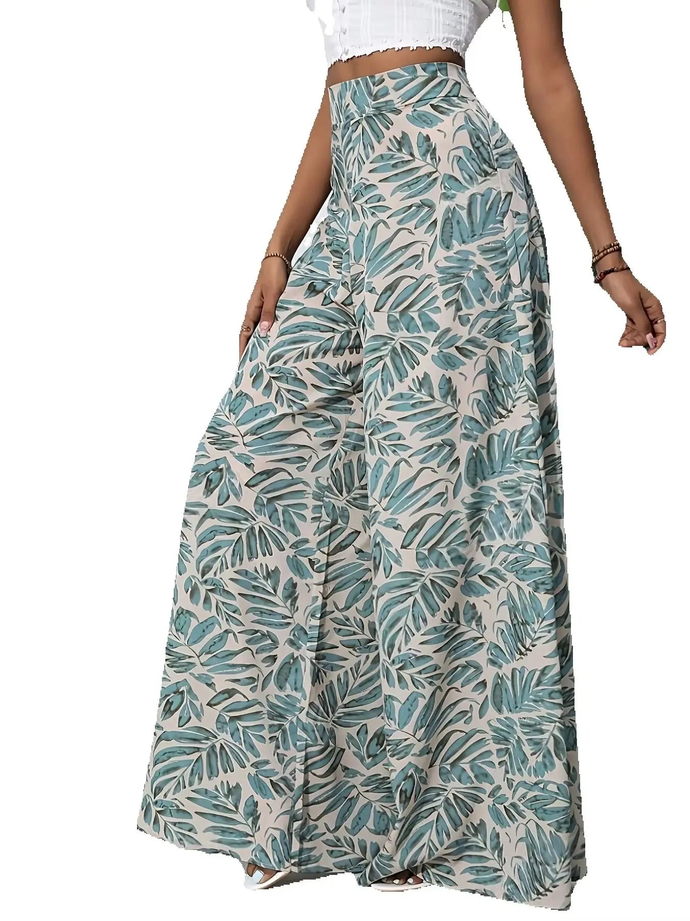 Women's Boho Print Chiffon Wide Leg Pants - High-Waisted Design, Summer Vacation Long Beach Pants, Casual Elegance Style