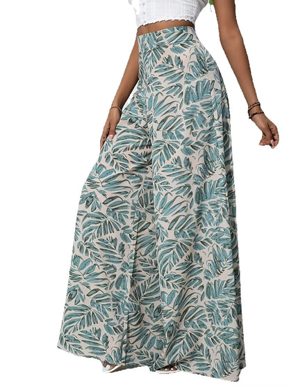 Women's Boho Print Chiffon Wide Leg Pants - High-Waisted Design, Summer Vacation Long Beach Pants, Casual Elegance Style