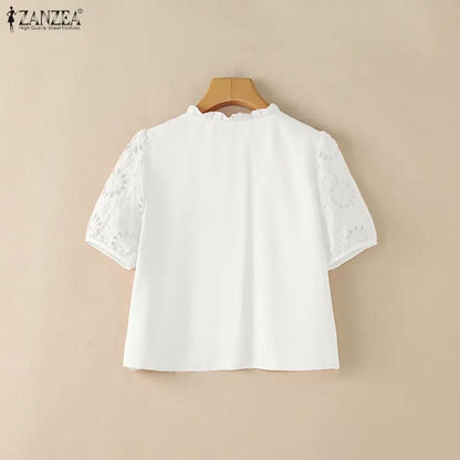 ZANZEA Woman Summer Embroidered Eyelet Cropped Shirts Elegant Ruffled Trim O-Neck Puff Short Sleeve Button Up Blouses Casual Top