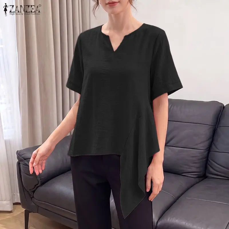 ZANZEA 2026 Woman Crinkled Fabric Asymmetrical Hem Blouses V-Neck Short Sleeve Solid Tops Summer Casual Daily Wear Blusas Mujer