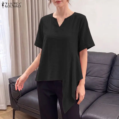 ZANZEA 2026 Woman Crinkled Fabric Asymmetrical Hem Blouses V-Neck Short Sleeve Solid Tops Summer Casual Daily Wear Blusas Mujer