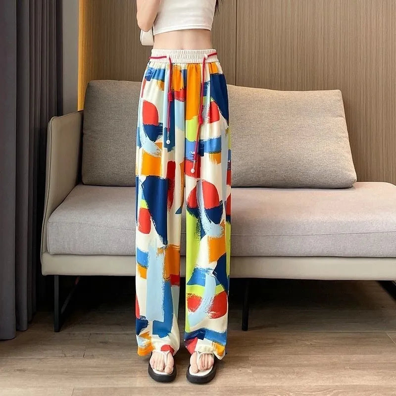 Women Colorful Graffiti Print Wide Leg Pants, Elastic Waist Drawstring Loose Trousers, Summer Casual Streetwear