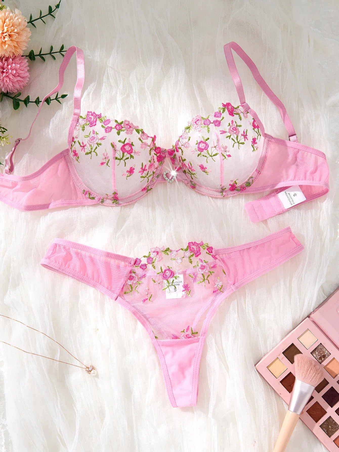 Pink Floral Embroidery Lingerie Set 2PCS Sheer Mesh Bra & Panty Women Sexy Underwear Gift ZA8240236