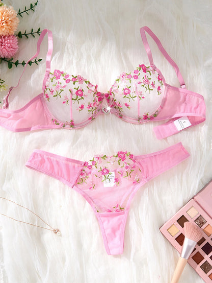 Pink Floral Embroidery Lingerie Set 2PCS Sheer Mesh Bra & Panty Women Sexy Underwear Gift ZA8240236