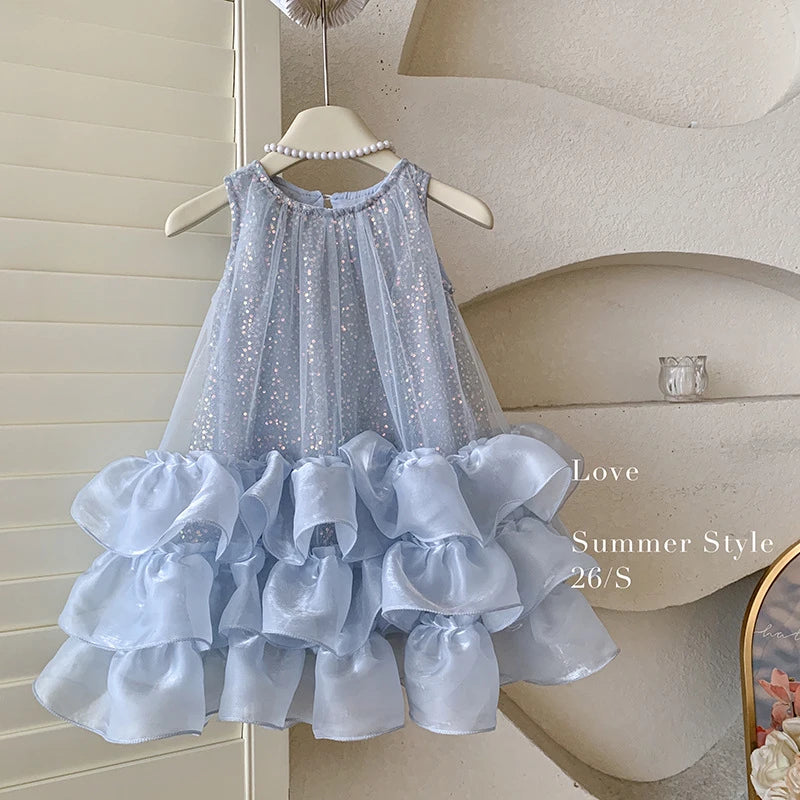 Girls' New Summer Luxury High-End Mesh Tank beautiful Dress