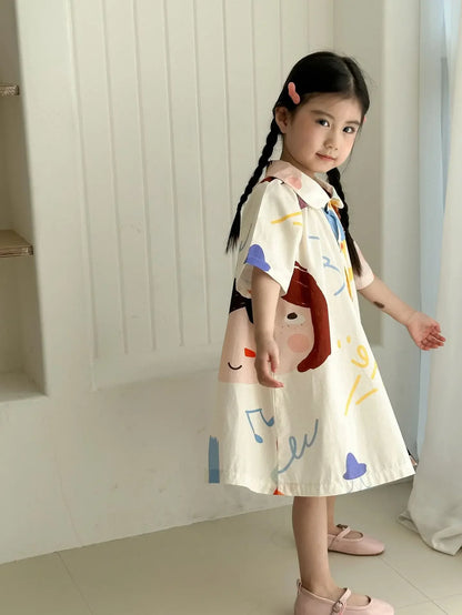 1-8 Y Summer Dress for Girls Adorable Kids Girls Cotton Doodle Print Trendy and Comfort Shirt Dress Perfect Sister Costume