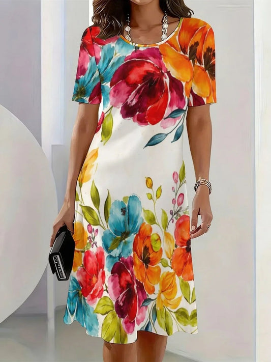 2026 New Elegant Floral Print Dresses for Women Round-Neck Short Sleeve Female Clothing Summer Travel Vacation Clothes for Woman