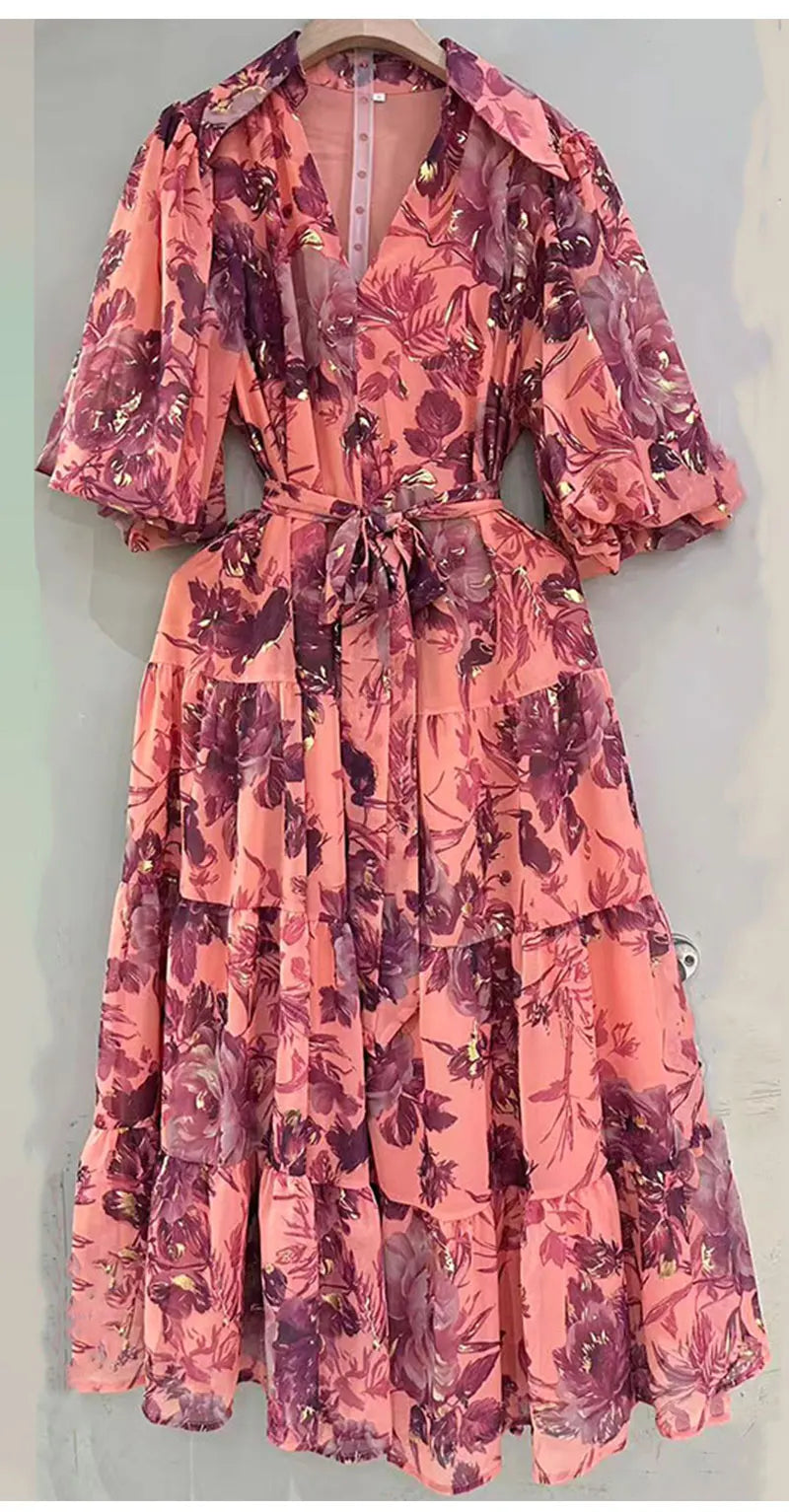 2026 Summer women's new lapel bubble short sleeve printing waist lace-up dress temperament French elegant swing holiday dress.