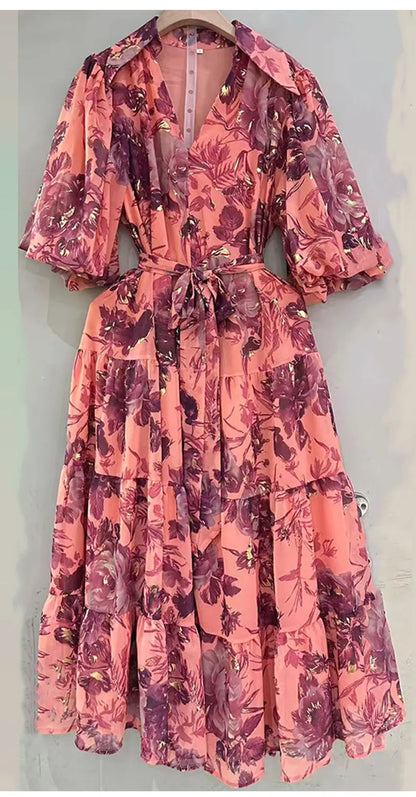 2026 Summer women's new lapel bubble short sleeve printing waist lace-up dress temperament French elegant swing holiday dress.