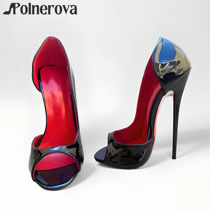 16cm Peep Toe Pumps Sexy Super High Heeled Women Shoes Black Patent Leather Red Lining Fashion Stilettos Handmade Customization