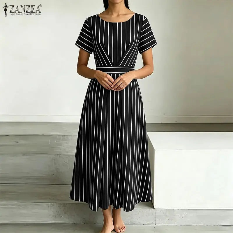 ZANZEA Fashion Women Short Sleeve Striped Sundress Summer OL Work Dress Elegant A Line Waisted Midi Robe Casual Holiday Dresses