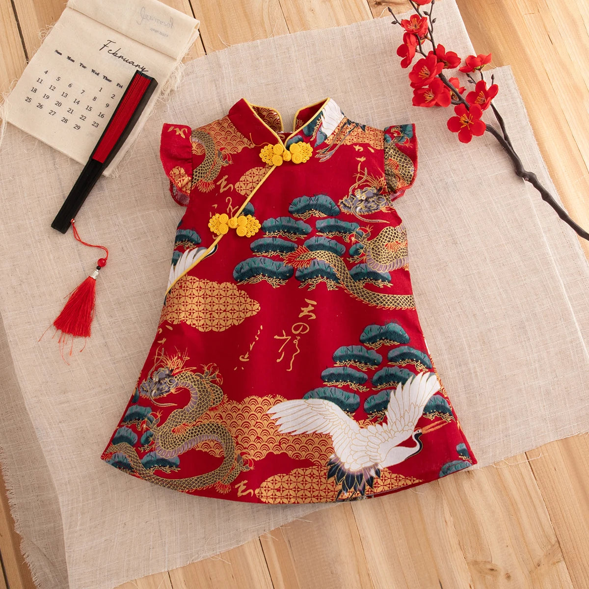 Baby Cheongsam Summer Chinese Style Print Fly Sleeve Cotton Red Qipao Toddler Girl Dress 0-2 Years