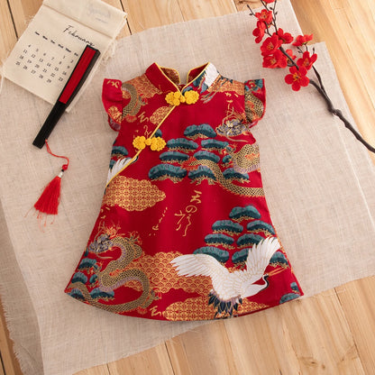 Baby Cheongsam Summer Chinese Style Print Fly Sleeve Cotton Red Qipao Toddler Girl Dress 0-2 Years