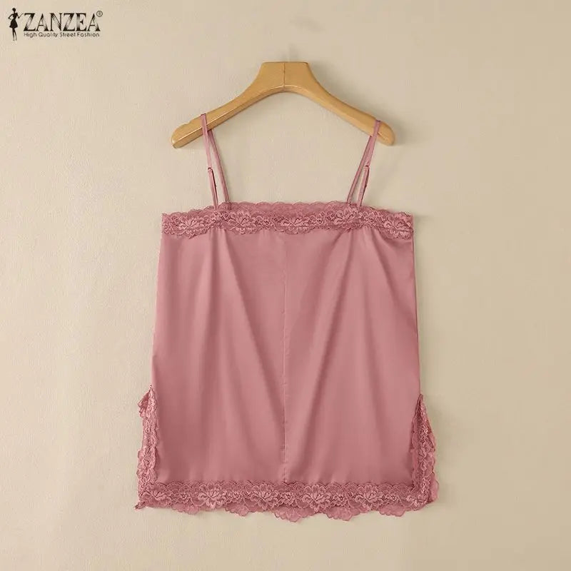 ZANZEA Woman Elegant Spaghetti Straps Satin Tank Top Lace Trim Square Neck Slit Hem Sleeveless Tops Summer Date Night Blouses