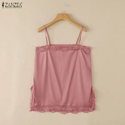ZANZEA Woman Elegant Spaghetti Straps Satin Tank Top Lace Trim Square Neck Slit Hem Sleeveless Tops Summer Date Night Blouses