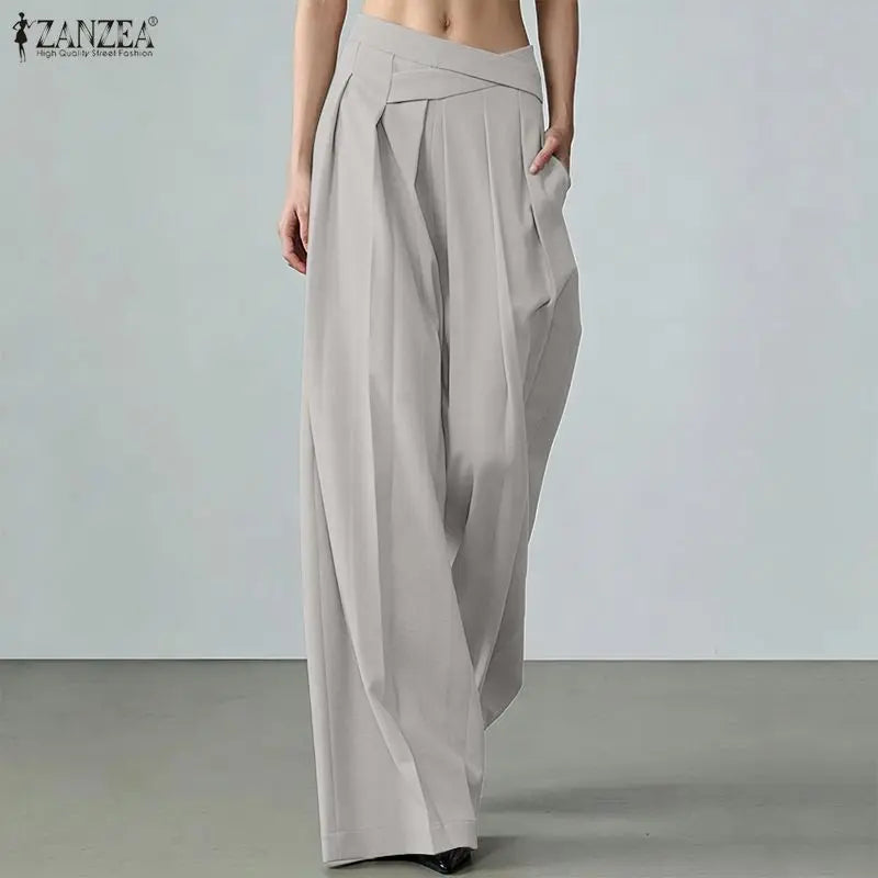 Elegant ZANZEA  Women Pants Summer Spring Wide Leg Pants Loose Thin Long Trousers OL Work Party Bottoms Streetwear Oversize