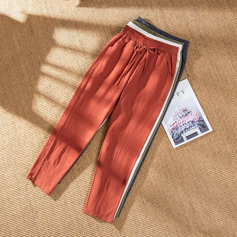Women Pants Spring Autumn Ankle Length Casual Straight Pencil Solid Elastic Waist Harem Girls Pants Thin Cotton Linen Trousers