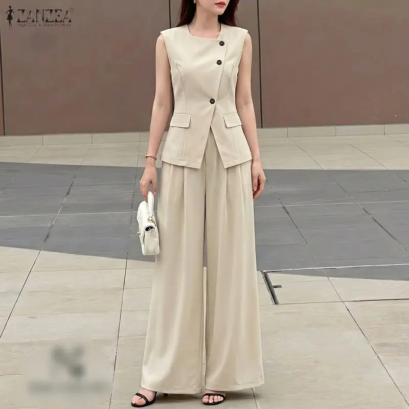 Fashion Women 2 Pieces Sets ZANZEA Summer Sleeveless Buttons -Up Tanks Tops Pants Sets Elegant Solid OL Work Tracksuit Outfits