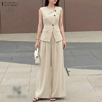 Fashion Women 2 Pieces Sets ZANZEA Summer Sleeveless Buttons -Up Tanks Tops Pants Sets Elegant Solid OL Work Tracksuit Outfits