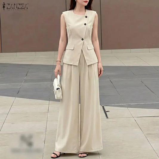 Fashion Women 2 Pieces Sets ZANZEA Summer Sleeveless Buttons -Up Tanks Tops Pants Sets Elegant Solid OL Work Tracksuit Outfits