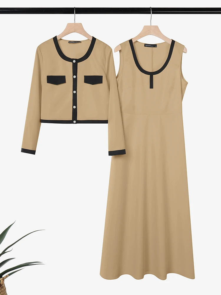 ZANZEA Elegant Women OL Work Dress Sets 2026 Spring Office Outfits Long Sleeve Slim Fit Cropped Tops Cardigan Maxi Tanks Dress