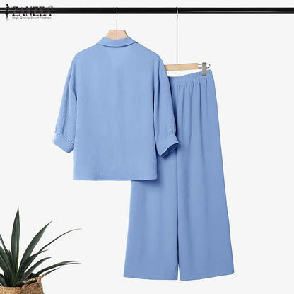 ZANZEA Plus Size 5XL Women Crinkled Fabric Pant Sets 3/4 Sleeve Shirt & Wide Leg Pant 2-Piece Sets Autumn Daily Casual Co-ords