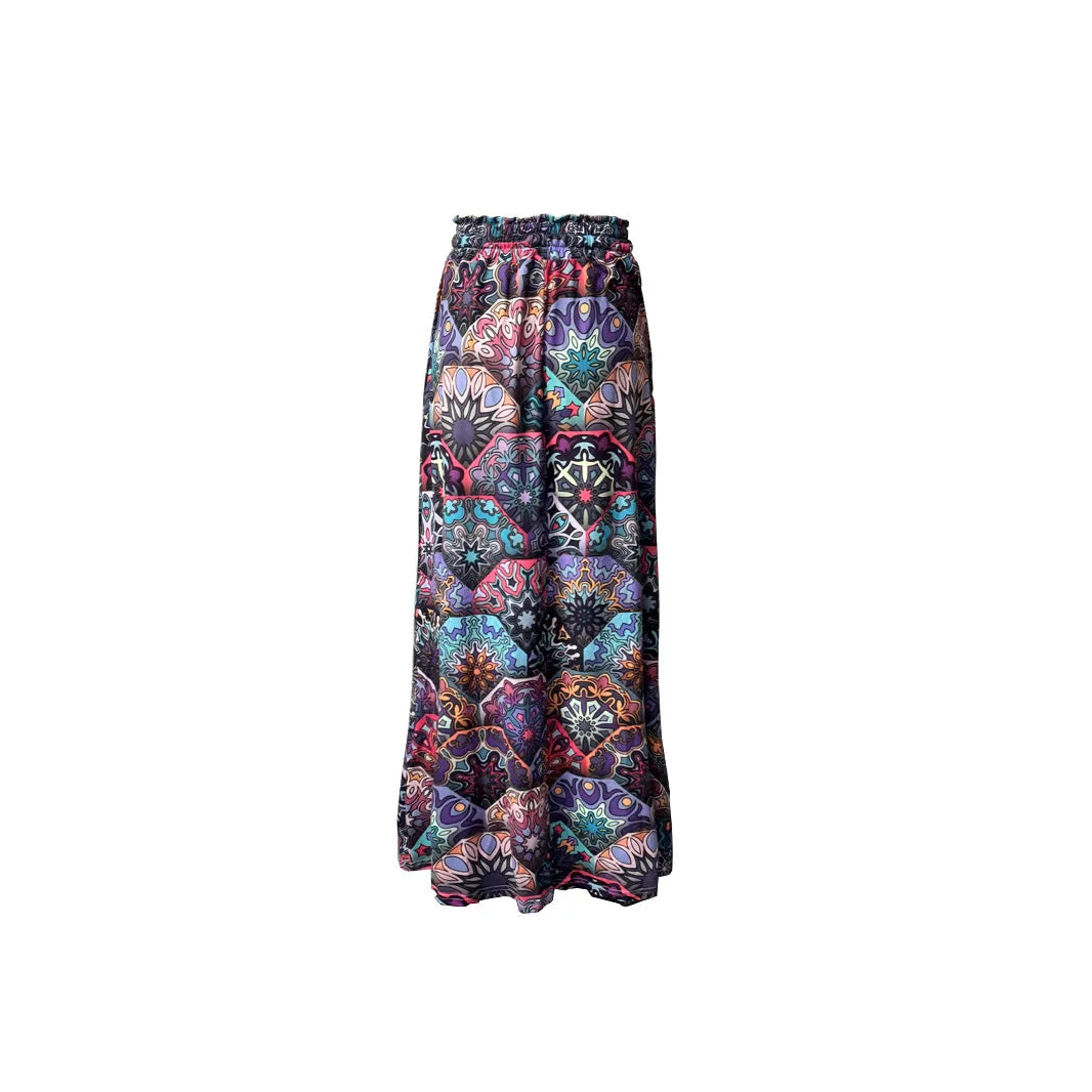 Colorful Feather Printed Wide Leg Pants Women's Elapsed Waist Pleated Pocket Design Loose Draped All-match Casual Pants