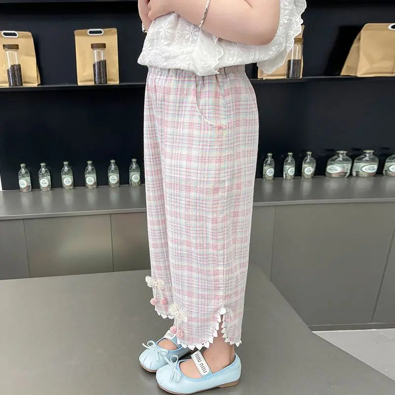 2026 New Girls' Lightweight Anti Mosquito Straight Leg Pants Ethnic Style Summer Trendy Kids Clothing Breathable Comfortable