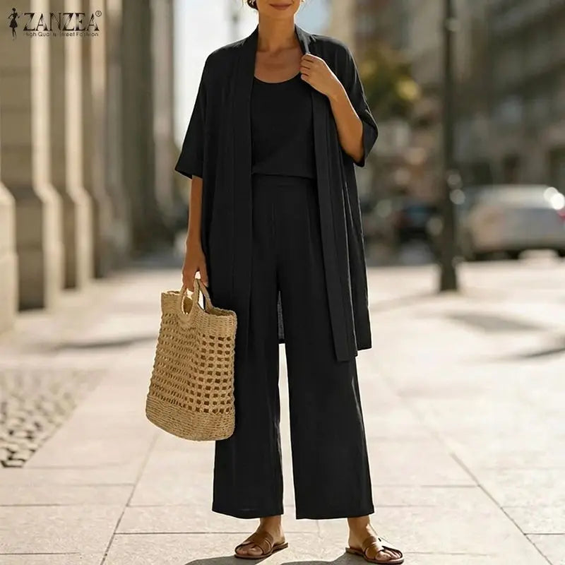 ZANZEA Feamle Cardigan Sleeveless Tanks Tops With Pants Stylish Women 3 Pieces Sets Casual Holiday Outfits Solid Color Tracksuit