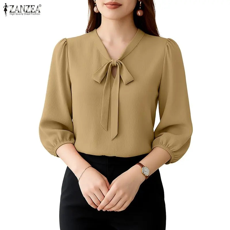 ZANZEA Elegant Minimalist Woman Blouses Bow Tie Neck 3/4 Puff Sleeve Crinkled Texture Solid Color Tops Summer Blusas de Mujer