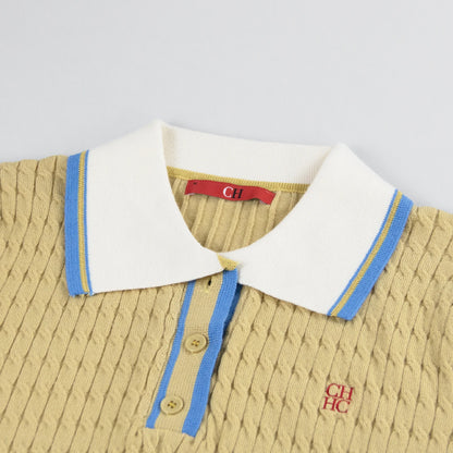CH Solid Color Embroidered Knit Polo Shirt Women Elegant Short Sleeve Ribbed Trim Office Casual Tops