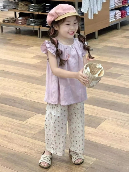 Girls Kids Puff Sleeve Top Wide Leg Pants Set 2026 New Fashion Sleeveless Babydoll Blouse 2 Piece Outfit for Summer