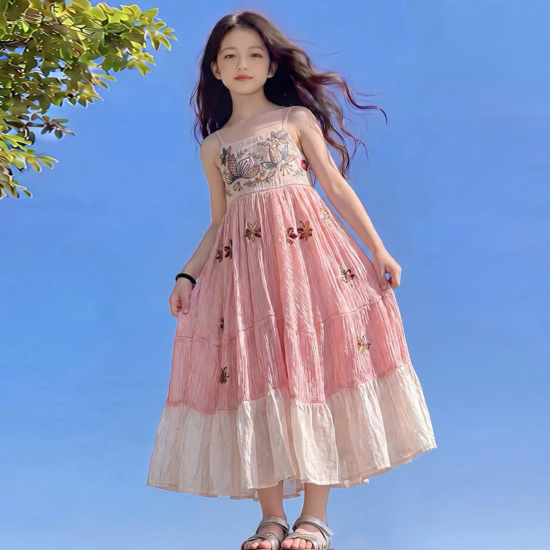 Teen Girls Floral Embroidery Sling Maxi Dress Kids Summer Sleeveless Strap Long Dress Children Holiday Beach Sundress 2-15 Years
