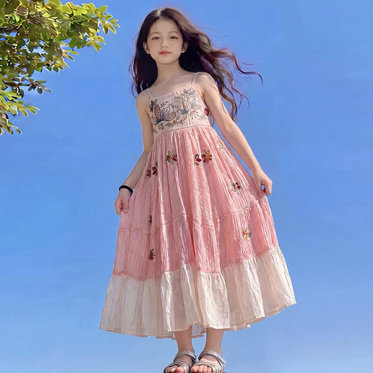 Teen Girls Floral Embroidery Sling Maxi Dress Kids Summer Sleeveless Strap Long Dress Children Holiday Beach Sundress 2-15 Years