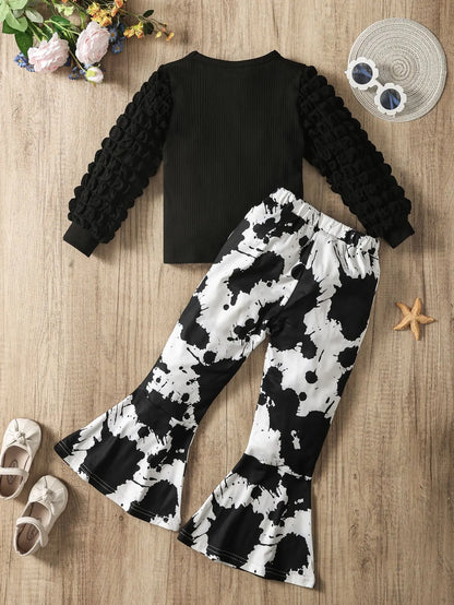 Girls 2pcs Set with Spliced Popcorn Bubble Sleeve Top & Black And White Spotted Cow Print Flared Trousers Winter Casual Outfit
