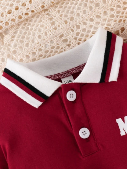 Baby Girl Red Polo Dress Set, Short-Sleeve "MINI" Letter Print Ruffled Dress with Bodysuit, Toddler Casual Outfit