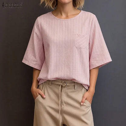 ZANZEA Casual Striped Blouses Woman Minimalist O-Neck 3/4 Sleeve Pocket Loose Tops Tunic Autumn 2026 Daily Wear Blusas Mujer