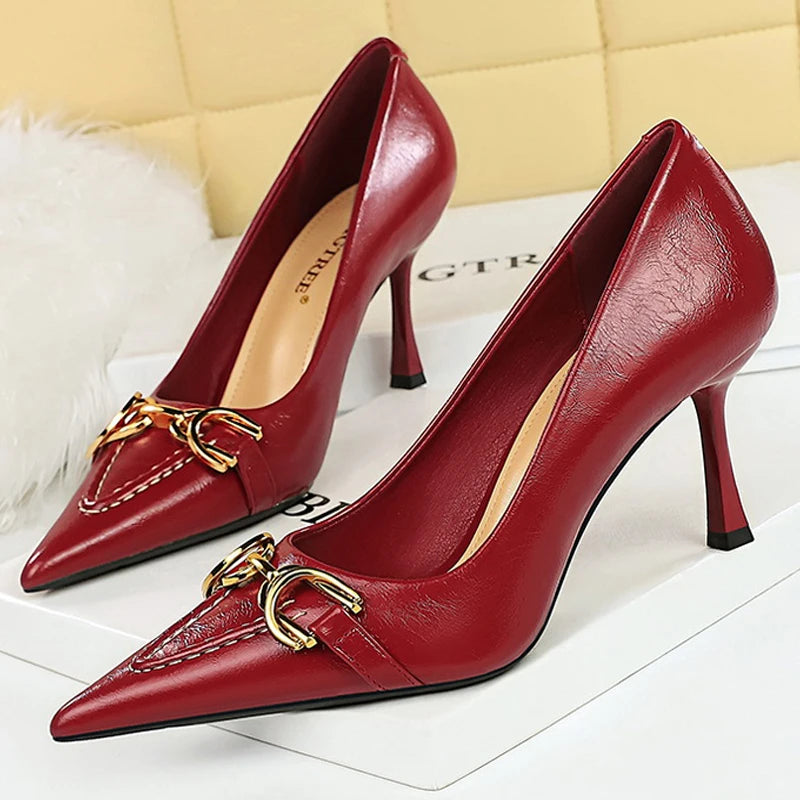 BIGTREE Shoes Metal Belt Buckle Decoration Women Pumps Retro High Heels Pointy-Toed Shoes Stiletto Heels 8 cm Luxury Pumps Lady