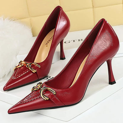 BIGTREE Shoes Metal Belt Buckle Decoration Women Pumps Retro High Heels Pointy-Toed Shoes Stiletto Heels 8 cm Luxury Pumps Lady