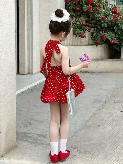 2026 summer kid baby party princess Girls halter Teenager backless vest polka dot slip dress tutu Bubble skirt 2 3 4 6 7 8 Years
