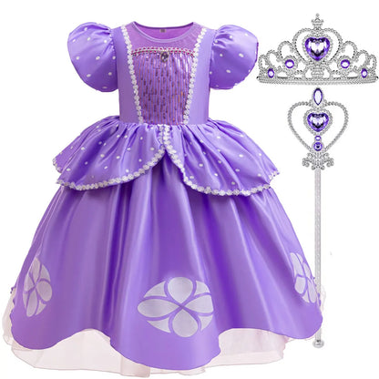 2026 Disney Sofia Princess Dress For Girl Summer Dress Birthday Carnival Party Sophia Sleeve Fluffy Ball Dress + Accessories